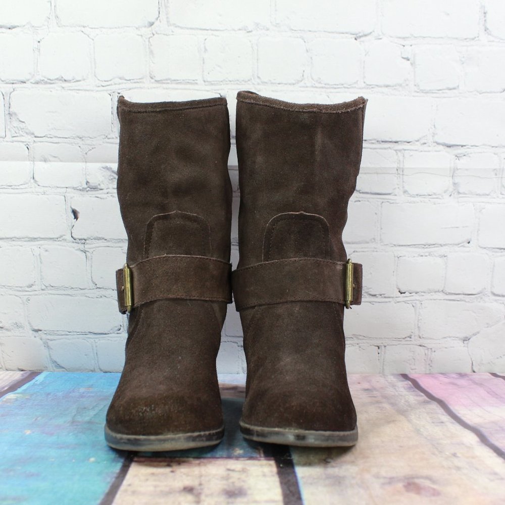 Dolce Vita Brown Suede Buckles Mid Calf Cuban Heel Boots Size 8.5 - Picture 4 of 9